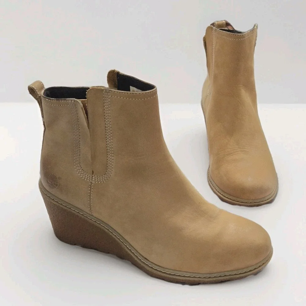 Timberland Amston Chelsea Boots‎ Womens 9 Tan Leather Wedge Lug Sole Minimalist